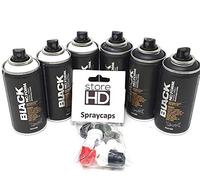 Montana Black Pocket Spray Cans Set Black & White, 3 x Black + 3 x White + 10 Replacement Spray Heads - 6 x 150 ml