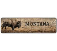 Montana Frontier Spirit Tin Sign - Wild Bison & Snowy Peaks Metal Wall Art (16x4 Inch)