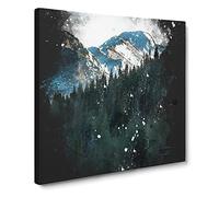 Montana Mountain Behind the Forest Paint Splash Modern Canvas Wall Art Print Ready to Hang, Framed Picture for Living Room Bedroom Home Office Décor, 14x14 Inch (35x35 cm)