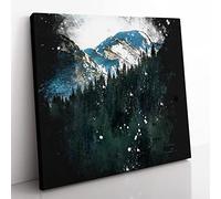 Montana Mountain Behind the Forest Paint Splash Modern Canvas Wall Art Print Ready to Hang, Framed Picture for Living Room Bedroom Home Office Décor, 35x35 cm (14x14 Inch)