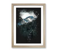 Montana Mountain Behind The Forest Paint Splash Modern Framed Print | A4 Oak Framed Wall Art | Ready to Hang | Modern Landscape Picture | Living Room Bedroom Lounge Office