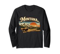 Montana State Bison Sunset Vintage Mountain Scene Long Sleeve T-Shirt