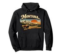 Montana State Bison Sunset Vintage Mountain Scene Pullover Hoodie
