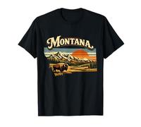 Montana State Bison Sunset Vintage Mountain Scene T-Shirt