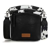 Montana West Multi Zip Pocket Large Crossbody Bag With Guitar Strap, Classic Cow Black, 10.63"L x 4.33"W x 10.24"H