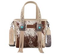 Montana West Wrangler Cowhide Tote Bag for Women Western Tooling Handbag Leather Fringing with Turquoise Stone Concho