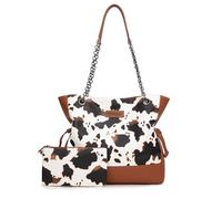 Montana West Wrangler Tote Bag for Women 2PCS Purses and Handbags Drawstring Shoulder Bag with Removable Pouch, Cow Print Brown, M