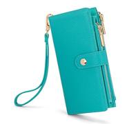 Montana West Wristlet Wallets for Women Bifold RFID Wallet Large Capacity Credit Card Cash Wallet with Double Zipper Pockets for Valentine's Day, Turquoise, 7.6" x 1.3" x 3.5"