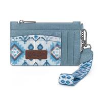 Montana West X Wrangler RFID Card Holder Slim Credit Card Wallet Womens Keychain Wallet with Wristlet Strap, Western Aztec-Jeans Blue, Western