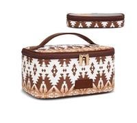 Montana West X Wrangler Travel Makeup Bag 2pcs Set Large Cosmetic Bag with Makeup Brush Holder Portable Make Up Organizer Toiletry Bag with Divider and Handle for Women, Aztec-Coffee, L, Bohemian