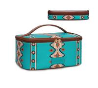 Montana West X Wrangler Travel Makeup Bag 2pcs Set Large Cosmetic Bag with Makeup Brush Holder Portable Make Up Organizer Toiletry Bag with Divider and Handle for Women, Turquoise, L, Southwestern