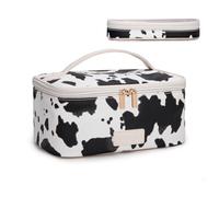 Montana West X Wrangler Travel Makeup Bag 2pcs Set Large Cosmetic Bag with Makeup Brush Holder Portable Make Up Organizer Toiletry Bag with Divider and Handle for Women, Cow-Black, L, Rugged Chic