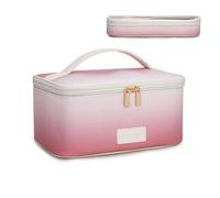 Montana West X Wrangler Travel Makeup Bag 2pcs Set Large Cosmetic Bag with Makeup Brush Holder Portable Make Up Organizer Toiletry Bag with Divider and Handle for Women, Khaki-Tan, L, Gradient