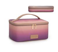 Montana West X Wrangler Travel Makeup Bag 2pcs Set Large Cosmetic Bag with Makeup Brush Holder Portable Make Up Organizer Toiletry Bag with Divider and Handle for Women, Purple, L, Gradient