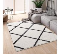 Montella Geometric Shaggy Rug - Super Soft High-pile, Modern Pattern, Non-Shedding, Easy to Clean Area Rugs For Living Room, Bedroom, Kitchen, Dining Room (Diamond - White/Black Line, 200x290)