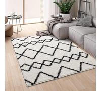 Montella Geometric Shaggy Rug - Super Soft High-pile, Modern Pattern, Non-Shedding, Easy to Clean Area Rugs For Living Room, Bedroom, Kitchen, Dining Room (Herringbone-White/Black Line, 120cm square)