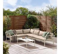 Montenegro White Metal 6 Seat Outdoor Garden Sofa Set, Taupe Cushions, 6 seat corner sofa + metal coffee table FurnitureboxUK White One Size