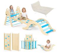 Montessori 7-in-1 Foldable Indoor Climbing Frame for Toddlers 1-3,Wooden Climber Set with Soft Safety Cushion, Arch, Ramp, Ladder & Slide,50kg Capacity（Blue）