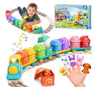 Montessori Electric Farm Train Track Set Toy for 2 3 4 Year Olds Boys Girls | 37 PCS, Music & Light, Counting Matching & Sorting with 8 Animals Finger Puppets, Christmas Educational Gifts for Toddlers
