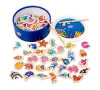 Montessori Fishing Toys Wooden Fish Games - Two Fishing Poles, Board Game for 1-2 Players, & Burr- Educational Toy for Kids & Toddlers AkJ177 (Blue, 19X19CM)