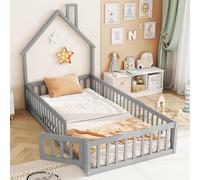 Montessori Floor Bed 90x200 with Safety Guard & Slatted Base House Shaped Bed with Chimney Roof & Door Pine Wood Single Bed Frame Gray No Mattress Included