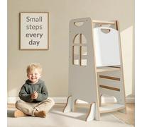 Montessori Learning Tower - Wooden Kitchen Helper with 3 Adjustable Heights, Anti-Tip Legs and Rear Safety Panel, Safe Standing Step Stool Platform for Toddlers Aged 2-6 (White/Pine)