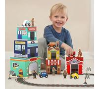 Montessori Scene with Train Tracks for Kids, Sorting and Stacking Blocks, Toys with Wooden Cars and Community Helpers, Toddler Number Blocks, Boxes