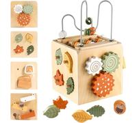 Montessori Toys for 1 2 3 4 years old, Baby Activity Cube, Wooden Neutral-Coloured Toy, First Birthday Gift for Toddler Boy Girl, Irregular Shape Matching, Bead Maze, Gears, Ramp, Open-and-Close Game