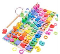 Montessori Wooden Activity Board for Toddlers 5-in-1 Early Learning Educational Toy with Alphabet Letters, Numbers, Shapes, Counting Rings & Magnetic Fishing | Preschool Fine Motor Skills Development