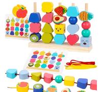 Montessori Wooden Beads Sequencing Toy Set, Threading Beads Stacking Blocks Learning Set, Toddler Threading Toys for 2 Year Olds, Shape Sorter,Travel Educational Toys, Stacking Gifts for Boys Girls
