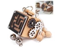 Montessori Wooden Busy Cube for Learning, Portable Educational Skill Board with Interactive Latches and Switches 6-In-1 Multifunctional Fidget Activity Cube(Bell)