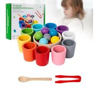 Montessori Wooden Color Sorting Game - Rainbow Balls in Cups with Spoon & Tongs, 10-Color Classification Toy for Kids to Develop Hand-Eye Coordination