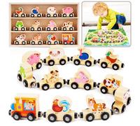 Montessori Wooden Train Toy for 1 2 3 Years Old Toddlers | 12 Magnetic Animals Train Kids Box, STEM Educational Toy with Game Map | 1st 2nd Birthday for Boys Girls