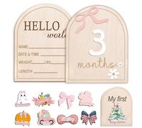 Monthly Baby Milestone Wooden Signs, Double-Sided Bow-Themed Baby Milestone Discs with Hello World & My First Holiday Designs - Cute Baby Announcement Sign & Photoshoot Props for Boys and Girls (Bow)