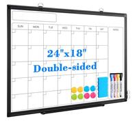 Monthly Calendar Dry Erase Whiteboard, 24" x 18" Magnetic Calendar White Board, Double-Sided Portable Board with Black Aluminium Frame for Office, Kitchen, School, Home