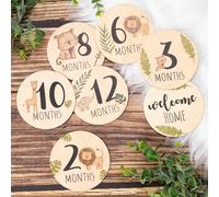 Monthly Milestone Cards for Babies, 7 Double Sided Animal Markers, Wooden Circles, Discs, Newborn Photography Prop, Pregnancy Journey, Birth, Announcement Sign, Baby Gift Sets for