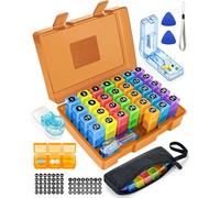 Monthly Pill Organizer 3 Times a Day - Yonlog Large Medicine Box with Weekly Travel Bag, Pill Cutter, Easy-Open Pick, Pill Taker Tool, and 2 Medication Stickers (Tea, 3 Times a Day)