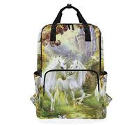 MONTOJ Travel Backpack White Unicorns In Forest Castle Pattern School Backpack