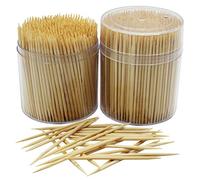 MontoPack Bamboo Wooden Toothpicks | 1000-Piece Large Wood Round Toothpicks in Clear Plastic Storage Box | Sturdy Safe Double Sided Party, Appetizer, Olive, Barbecue, Fruit, Teeth Cleaning Toothpicks