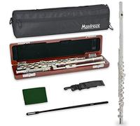Montreux Concert Series Intermediate Advanced Flute with Solid Silver Head Joint Lip Plate, Premium Wooden Case and Carry Bag - Silver Plated Body, Offset G, Split E Mechanism, C Foot