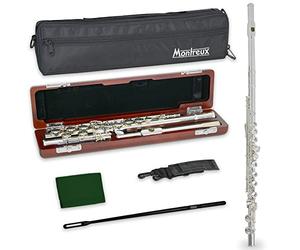 Montreux Concert Series Intermediate Advanced Flute with Solid Silver Head Joint Lip Plate, Premium Wooden Case and Carry Bag - Silver Plated Body, Offset G, Split E Mechanism, C Foot