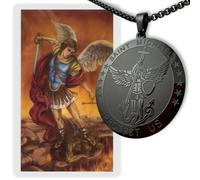 Montserrat Abbey Saint Michael Medal and Prayer Card Bundle - Laminated Holy Card with St. Michael Prayer and Black Stainless Steel Medal Necklace - Catholic Devotional Set for Protection and Prayer