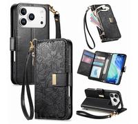 Monwutong Zipper Wallet for iPhone 17 Pro,Flowers Pattern Leather Case with Muliti-Card Slots and Double Magnetic Clasp Lanyard Hand Bag for iPhone 17 Pro,HY Black