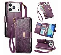 Monwutong Zipper Wallet for iPhone 17 Pro,Flowers Pattern Leather Case with Muliti-Card Slots and Double Magnetic Clasp Lanyard Hand Bag for iPhone 17 Pro,HY Purple