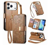 Monwutong Zipper Wallet for iPhone 17 Pro Max,Flowers Pattern Leather Case with Muliti-Card Slots and Double Magnetic Clasp Lanyard Hand Bag for iPhone 17 Pro Max,HY Brown