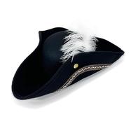 MonyPlay Black Pirate Hat with White Feather Colonial Tricorn Hats for Halloween Cosplay Vintage Captain Hats for Adults, Black, One size