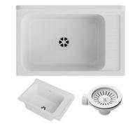 Granitan Sink for Garage, Basement, Workshop and Laundry Room, Universal Wash Trough with Siphon, Wall Mounted Sink for Indoor and Outdoor Use, 58 x 38 x 26.7 cm, White