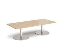Monza rectangular coffee table with flat round brushed steel bases 1800mm x 800mm - Kendal oak