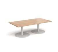 Monza rectangular coffee table with flat round white bases 1600mm x 800mm - beech