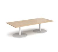 Monza rectangular coffee table with flat round white bases 1800mm x 800mm - Kendal oak